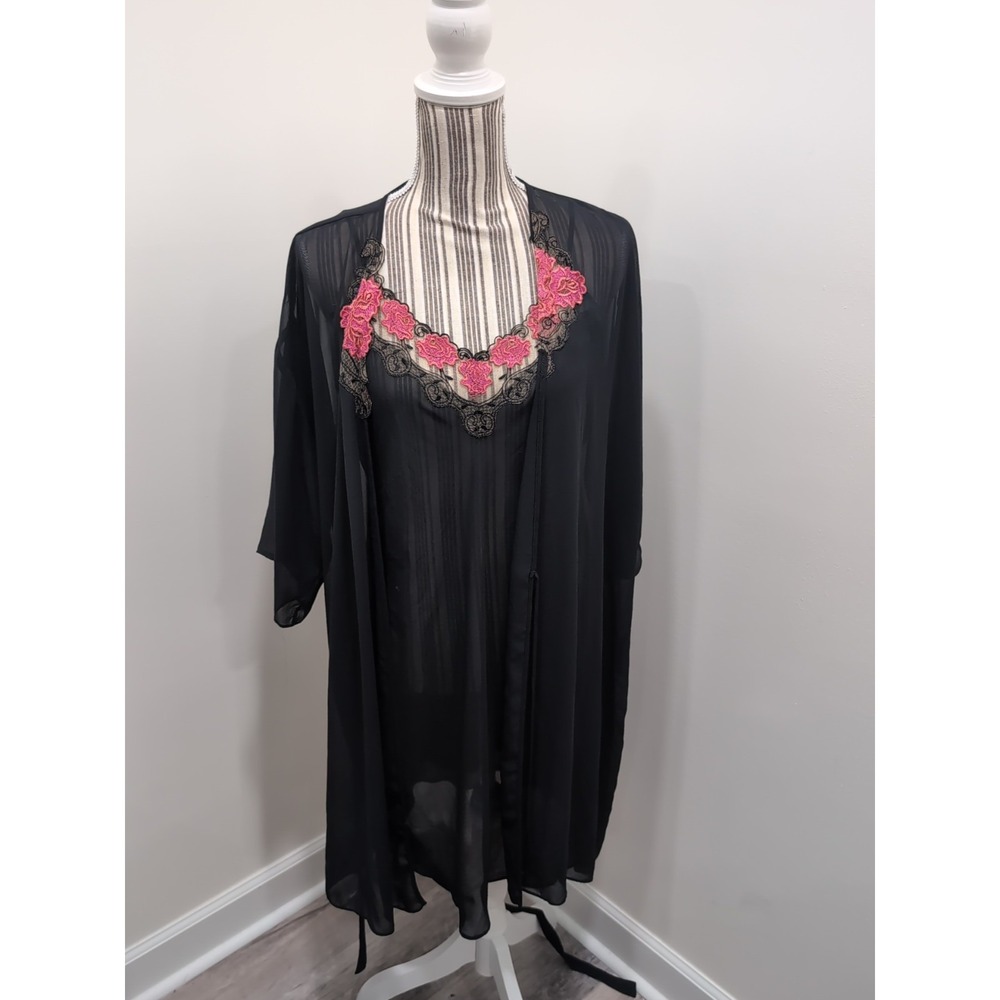 Gilligan O'Malley Black Chiffon Floral Embroidered Nightgown & Robe Set Size...